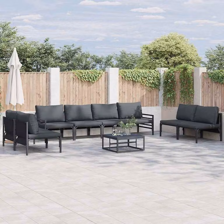 Set Divano da Giardino a L vidaXL 9 pz in Acciaio Antracite con Cuscini Imbottiti