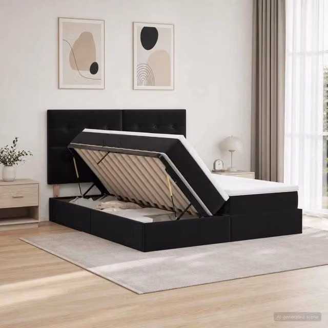Letto con Contenitore Moderno vidaXL in Velluto Nero con Testiera e Base Lift-Up L/P/H: 200 x 200 x 140 cm – 1