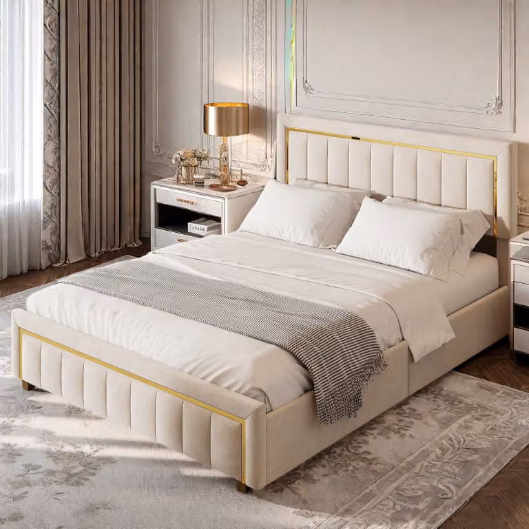 Letto imbottito UnboxG 160x200cm, letto a molle idrauliche, letto per ragazzi letto matrimoniale con rete a doghe e contenitore, letto contenitore, velluto, beige