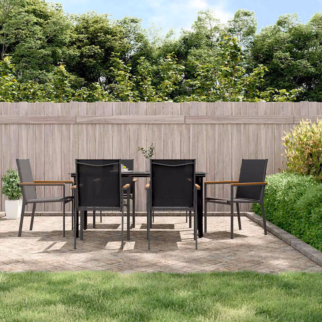 Set da pranzo da giardino vidaXL in vetro e acciaio nero con 7 pezzi