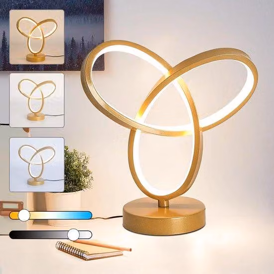 Ibenzoa® Lampada da tavolo moderna e dimmerabile, finitura dorata – LED con 3 temperature di colore (calda/naturale/fredda), luminosità regolabile dal 5% al 100%, design a forma di trifoglio, compatta, ideale per camera da letto e ufficio