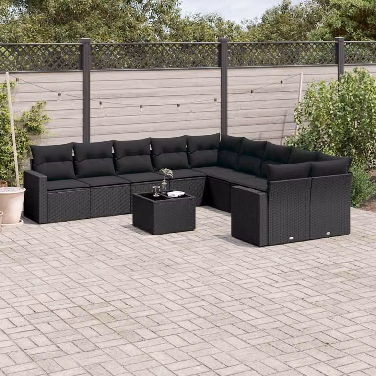 vidaXL Set Divani da Giardino 11 pz a Forma a L in Polyrattan Nero con Cuscini e Tavolino da Esterno