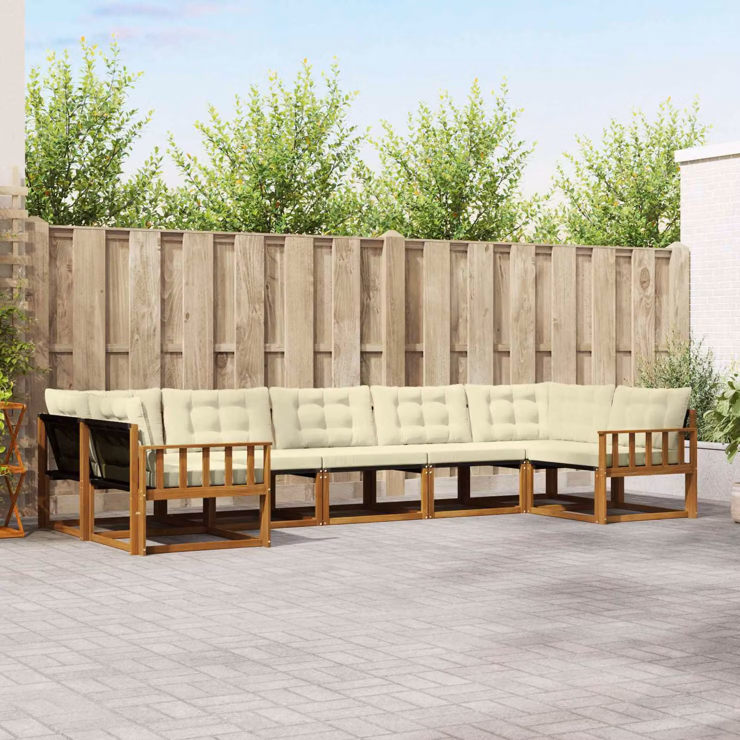 Set di divani da esterno vidaXL 7 pz in legno di acacia e textilene, colore beige e bianco