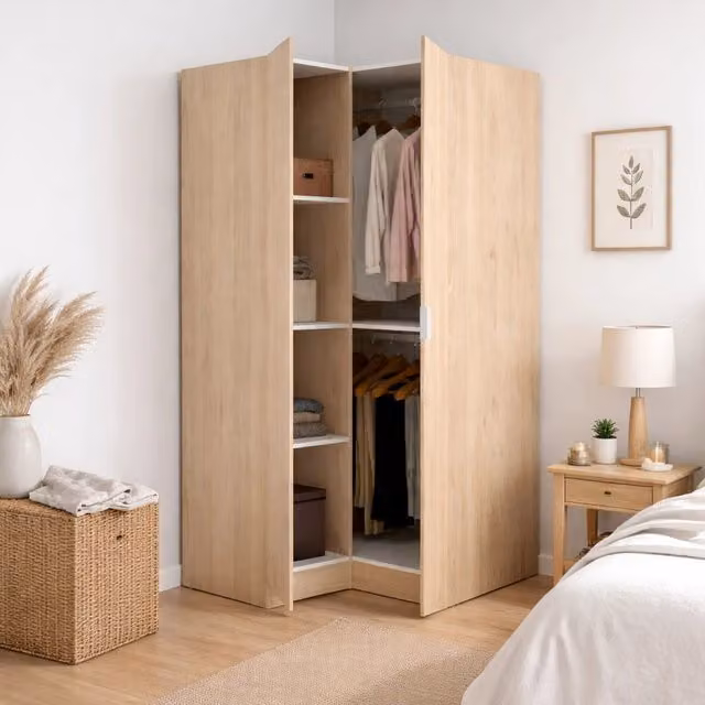 Armadio angolare DMORA Aser per camera da letto, mobile appendiabiti con 2 ante battenti e ripiani interni, L: 92,5 cm, P: 91 cm, H: 184 cm, Rovere
