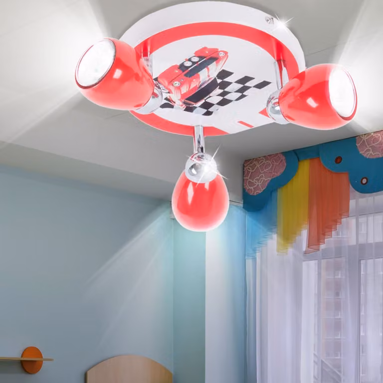 Faretti da soffitto BRILLIANT LED in stile racing | con luce bianco caldo | faretto a 3 luci per la cameretta dei bambini | con teste orientabili | rosso/bianco/nero | lampada da soffitto con lampadine sostituibili 3x GU10 max. 3 W