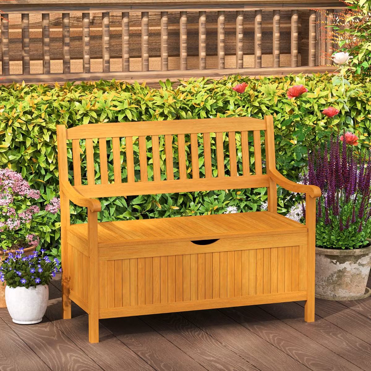 Panca contenitore da esterno e ingresso Costway in legno di acacia color marrone con vano porta cuscini e braccioli