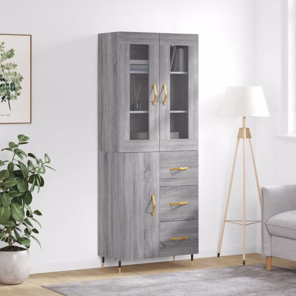 Credenza moderna vidaXL in legno e vetro, Grigio, L: 69,5 cm, P: 34 cm, H: 180 cm
