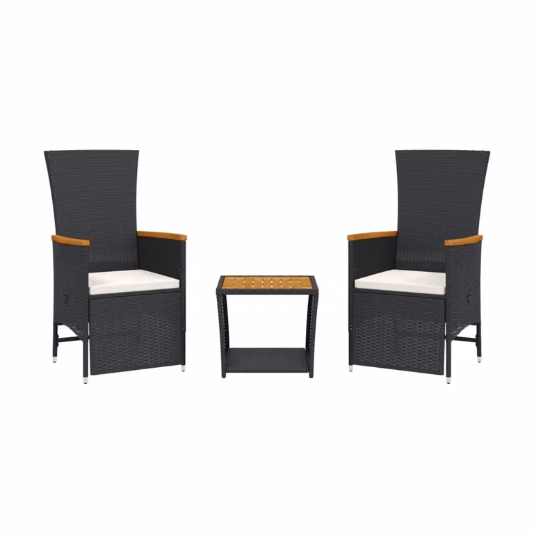 Set da Pranzo da Giardino 3 pz con Cuscini Nero in Polyrattan