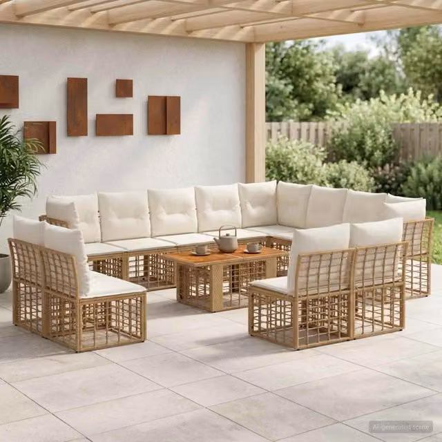 Set Divano da Giardino a L con Tavolino vidaXL, 13 Pezzi in Polyrattan Beige e Bianco con Cuscini Inclusi e Struttura in Acciaio Verniciato a Polvere – 1