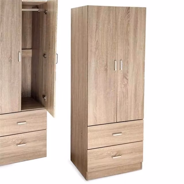 Armadio moderno Maury's Online con 2 ante e 2 cassetti in legno rovere, bianco e marrone, L: 60 cm, P: 42 cm, H: 180 cm