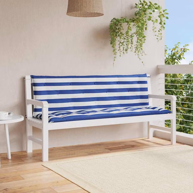 Set di 2 cuscini per panca da giardino vidaXL, motivo righe marittime bianche e blu, in tessuto impermeabile e resistente ai raggi UV, L 150 x P 50 x H 7 cm