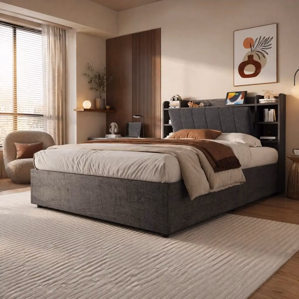 Letto multifunzione MODFU con contenitore idraulico e testiera con vani e porta USB, rivestito in tessuto grigio, L: 180 cm x P: 200 cm – 2