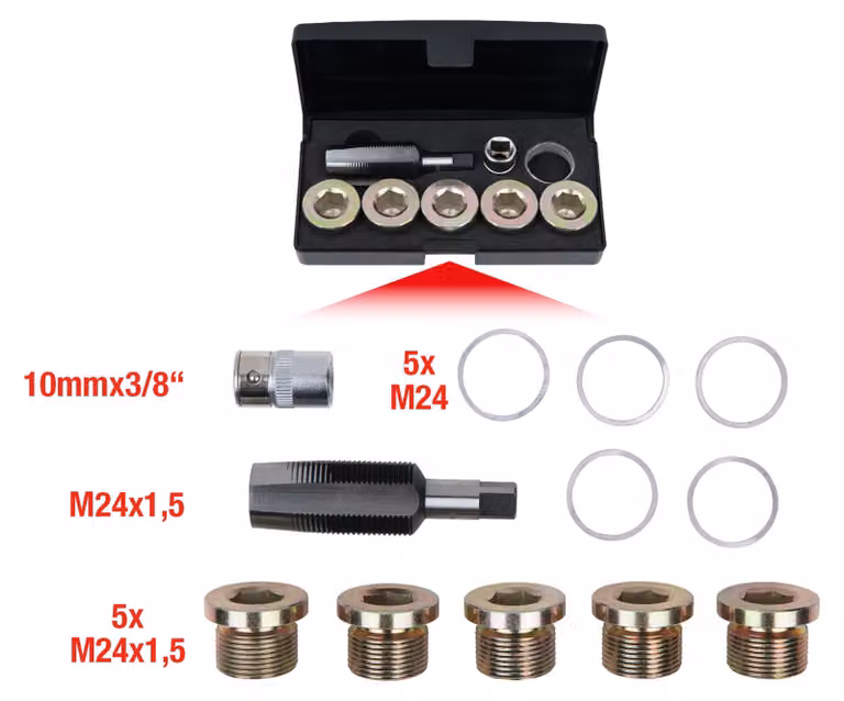 KS TOOLS Set di riparazione della filettatura del tappo di scarico dell'olio 12 pezzi M24 x 1,5 - 150.4950