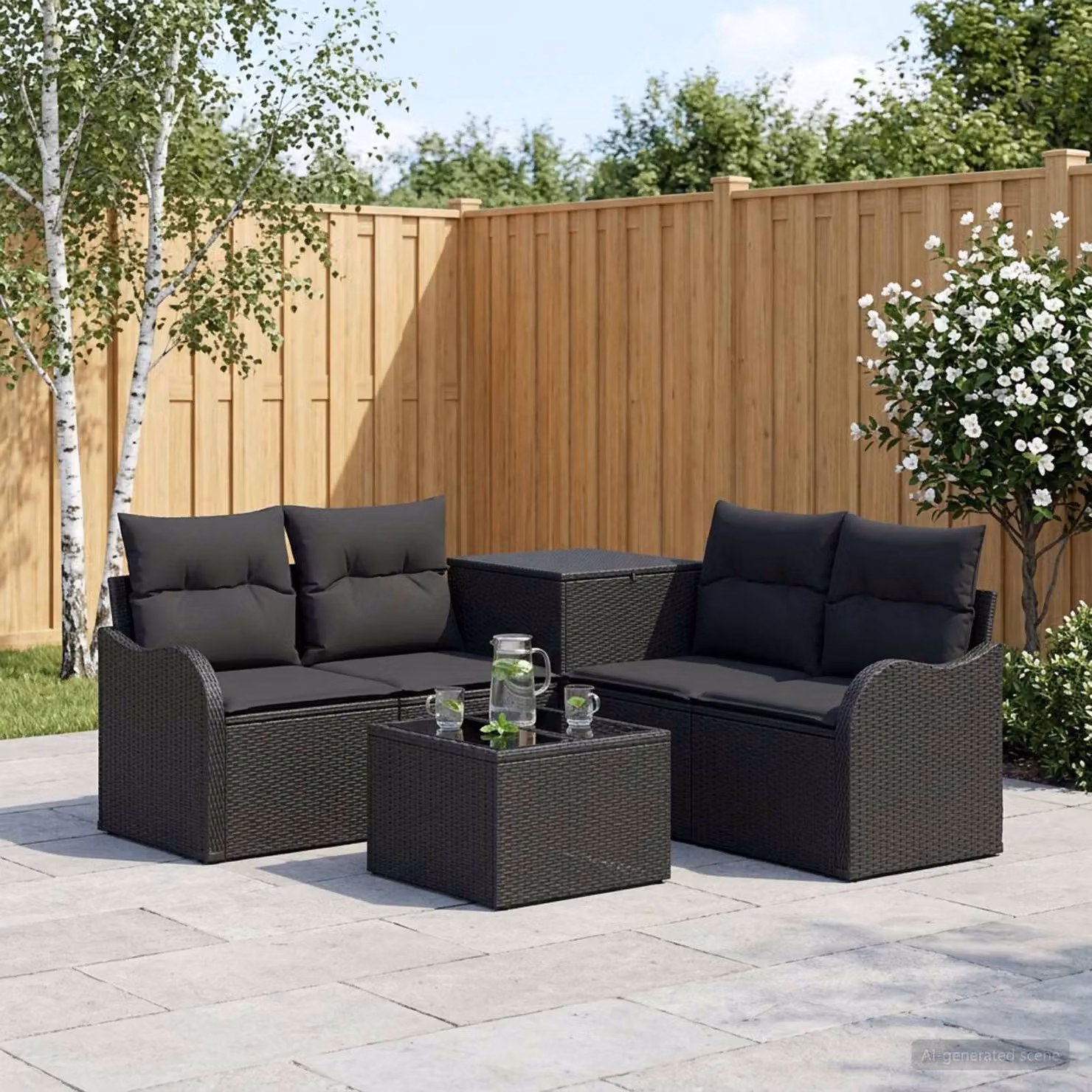 Set di divani da giardino vidaXL in rattan e acciaio nero con cuscini inclusi