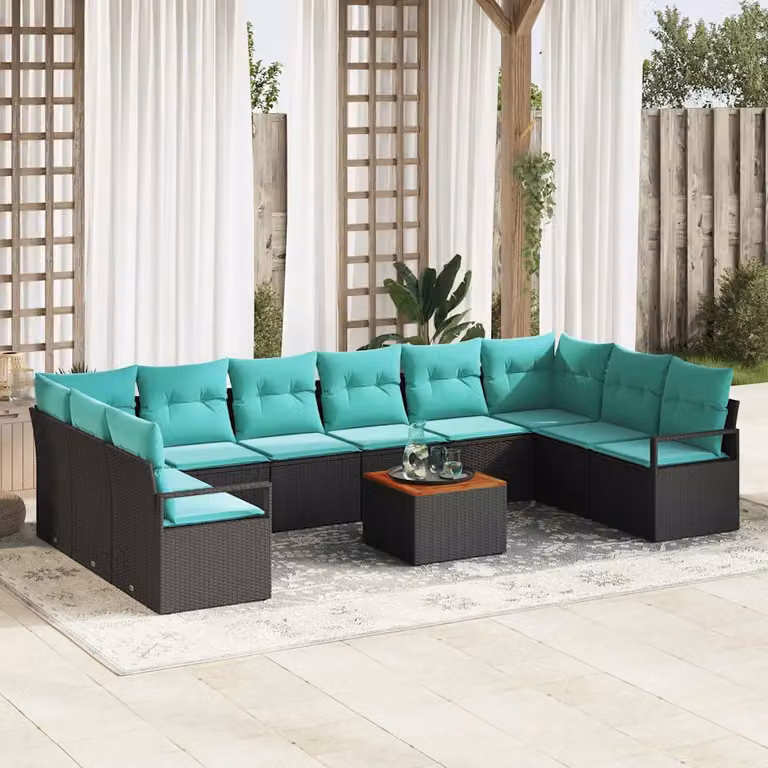 Set Divano da Giardino vidaXL 11 pz a Forma a U in Polyrattan Nero con Cuscini Turchesi e Tavolino da Esterno
