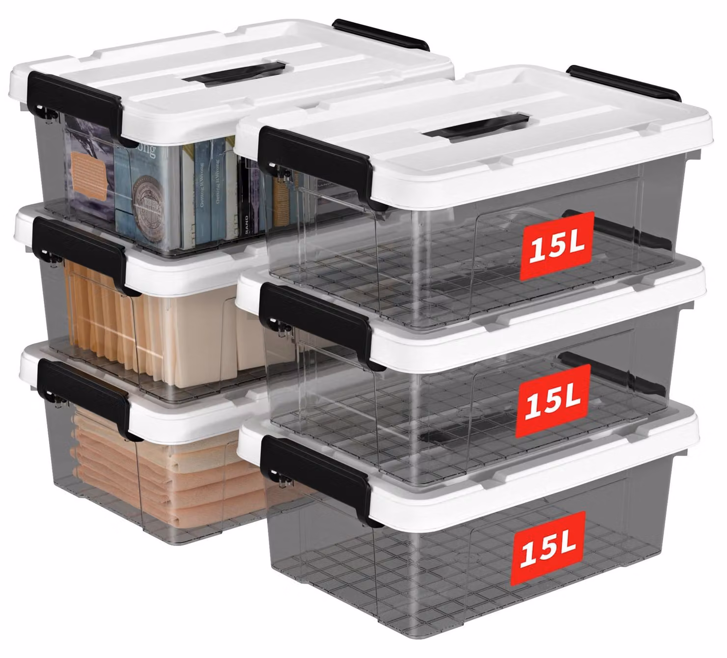 Omgoods - Set di 6 contenitori impilabili con maniglia (15 litri, colore nero trasparente)