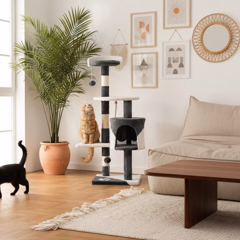 Tiragraffi per gatti belviona, tiragraffi compatto da 112 cm con palline, sisal e cuccia, grigio/bianco