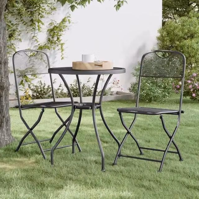 Set da pranzo per giardino vidaXL in acciaio antracite composto da 3 pezzi con tavolo rotondo pieghevole