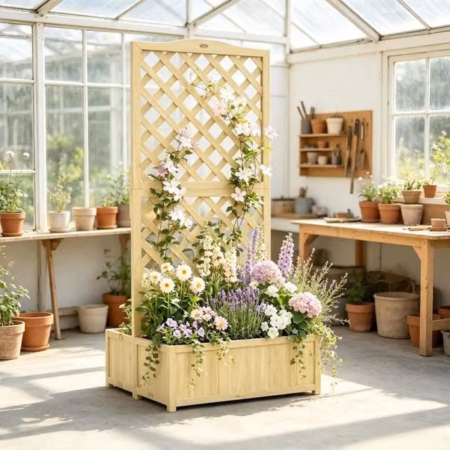 Fioriera doppia pieghevole WISHDOR con grigliato per piante rampicanti, effetto legno marrone e beige, H: 170 cm, L: 73 cm, P: 70 cm