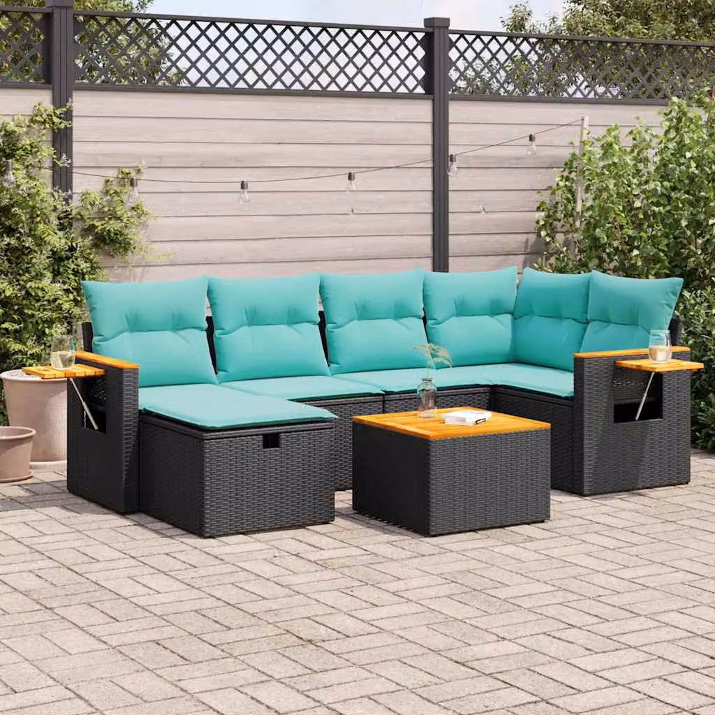 Set di divani da giardino vidaXL in polyrattan nero con 7 cuscini e struttura in legno di acacia oliato