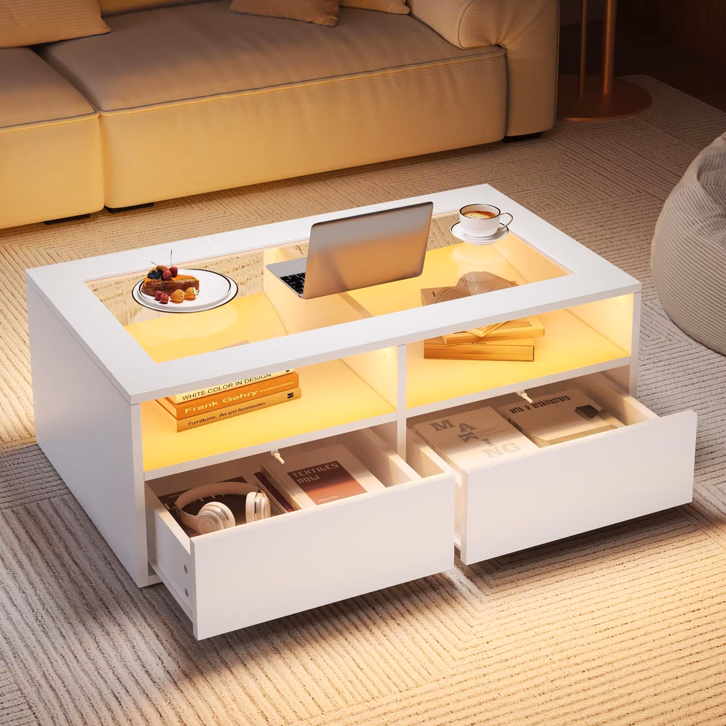 okwish LED tavolino da caffè tavolino da tè tavolino con spazio di archiviazione aperto e piano in vetro, tavolino da salotto tavolino con due scomparti aperti e due cassetti, bianco