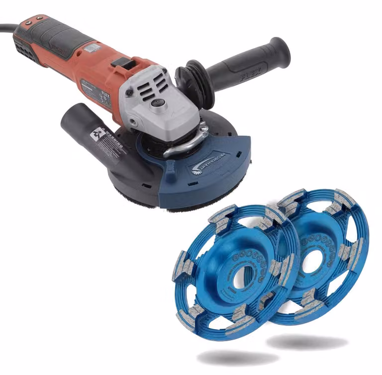 Set levigatrice per calcestruzzo FLEX 125 mm — FLEX 2000 W, cappa di aspirazione premium e 2×