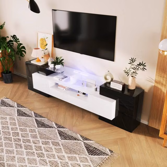 Mobile TV MIVRAY moderno in MDF nero e bianco con 4 ante, 2 cassetti e illuminazione LED multicolore controllabile tramite app, L/P/H: 200 x 35 x 60 cm