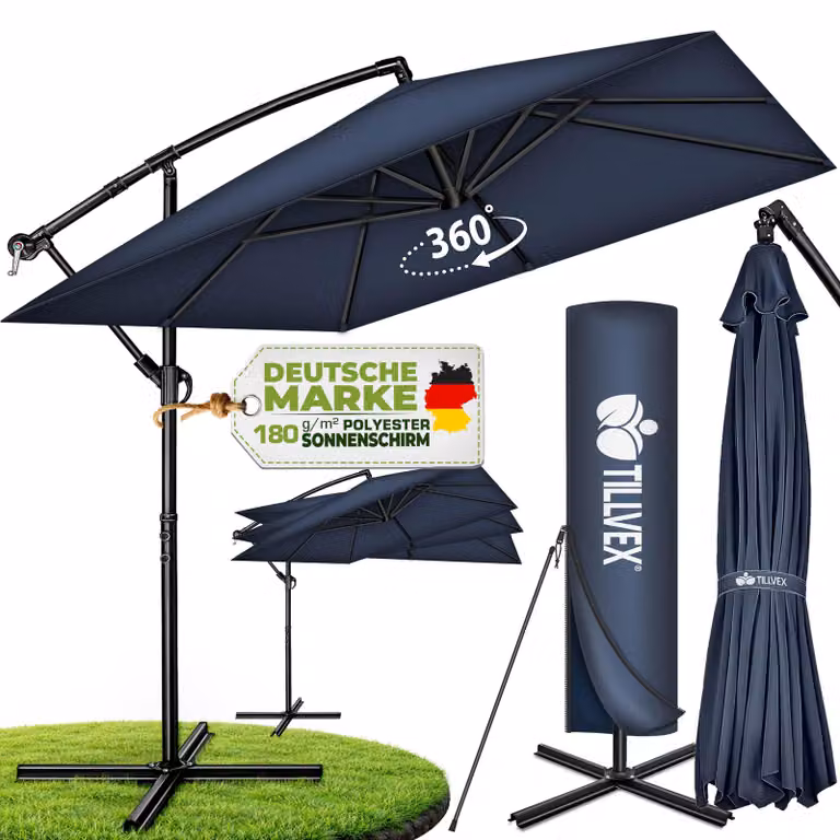 tillvex® Parasole in alluminio, rettangolare, diametro 330 cm, rosso + copertura con manovella | Parasole a gondola, angolare, con supporto | Parasole da giardino, protezione UV, in alluminio | Parasole con manovella, impermeabile, girevole a 360°