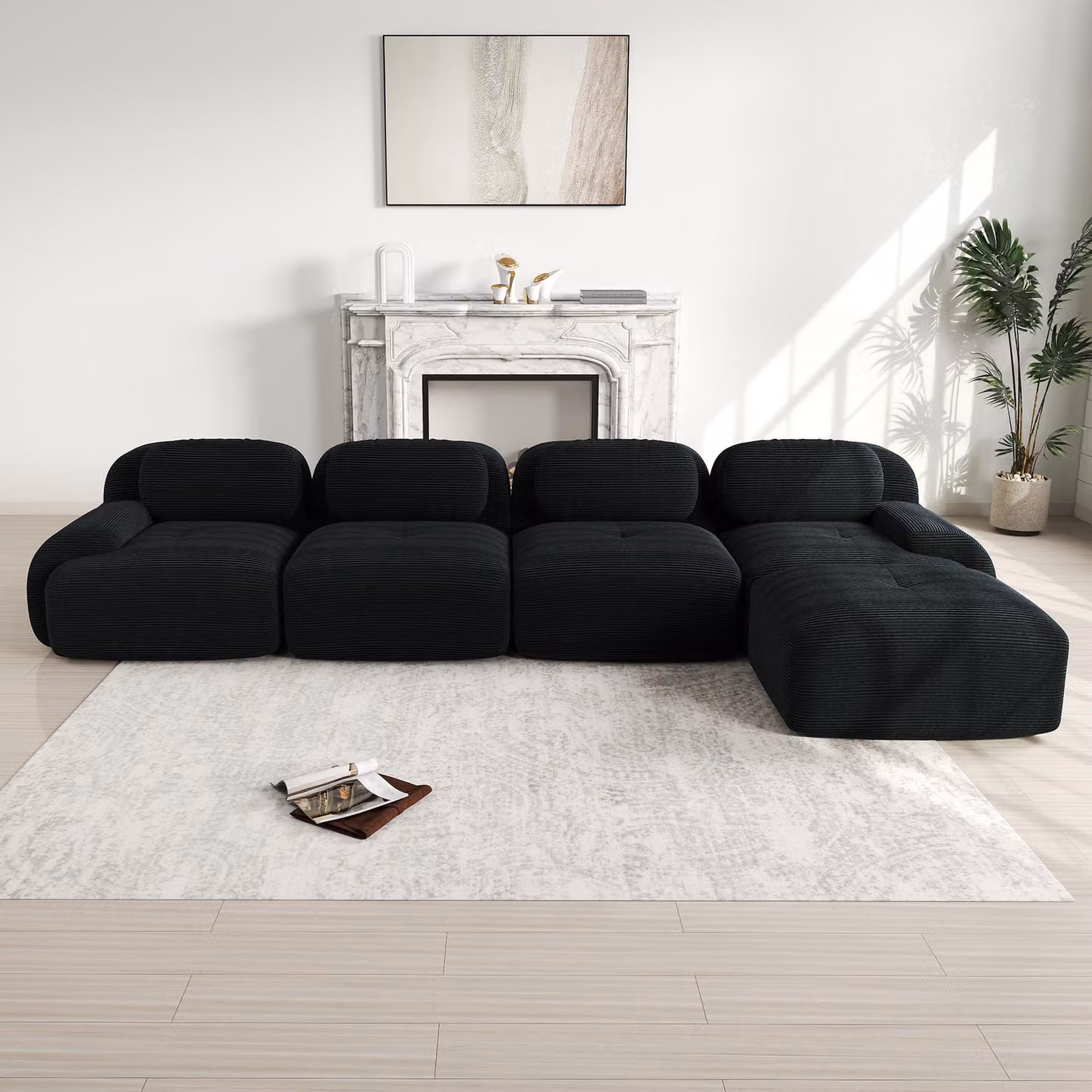 Divano angolare Sweiko a 4 posti con imbottitura altamente elastica 32D, antiscivolo, con chaise longue, braccioli extra larghi, liberamente combinabile, senza montaggio per ufficio, soggiorno e home cinema, Nero