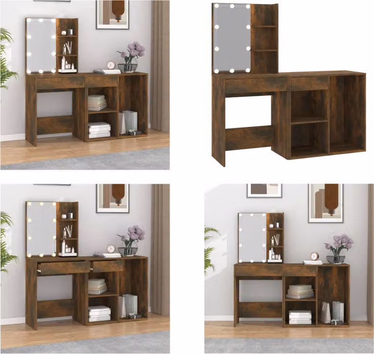 vidaXL Tavolino da toilette a LED con mobile in legno di quercia fumé - Tavolino da toilette a LED con mobile - Tavolino da toilette a LED con mobile - Tavolino da toilette con specchio - Tavolino da toilette con spazio di archiviazione