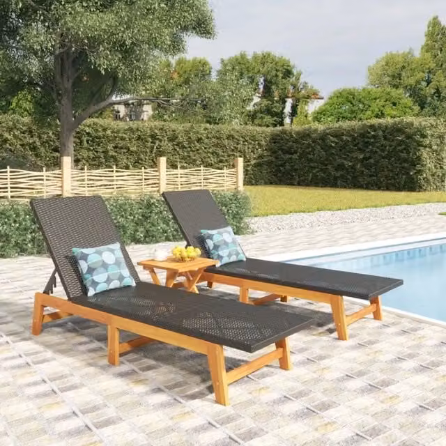 Set di 2 Sdraio vidaXL in Polyrattan e Legno di Acacia, Colore Nero e Marrone, con Poggiatesta Regolabile e Tessuto Textilene per Giardino e Terrazzo – 1