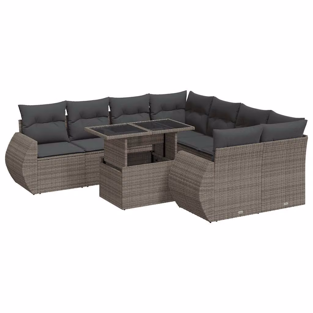 Set Divano da Giardino 9 pz con Cuscini Grigio in Polyrattan