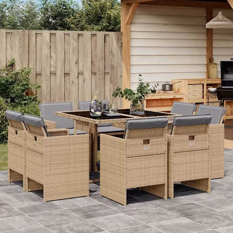 Set Pranzo da Giardino vidaXL in Polyrattan con Cuscini Beige e Tavolo in Vetro 9 pz
