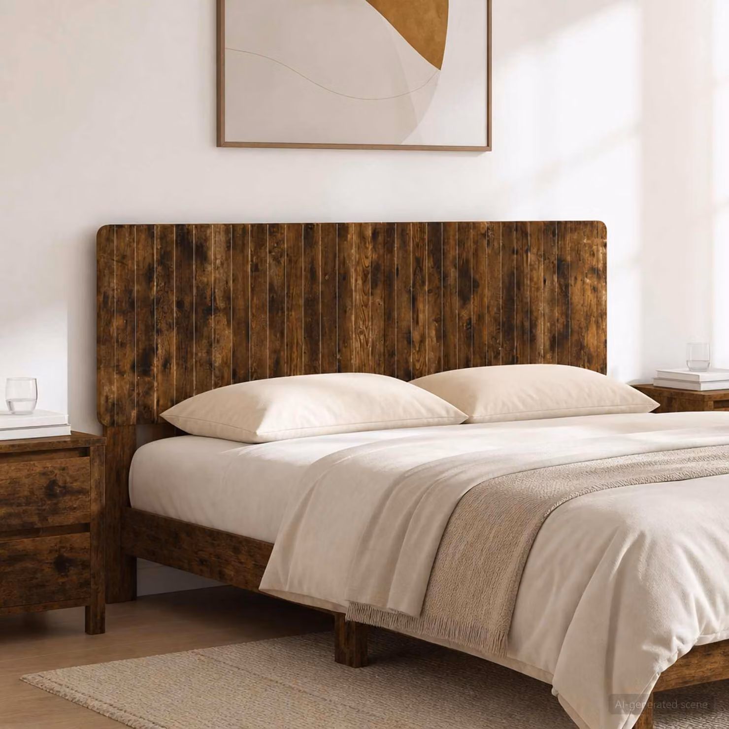 Testiera da muro vidaXL ZWOLLE in legno ingegnerizzato con mensola integrata, colore Rovere Fumo, L: 200 cm, H: 50 cm, P: 17,43 cm