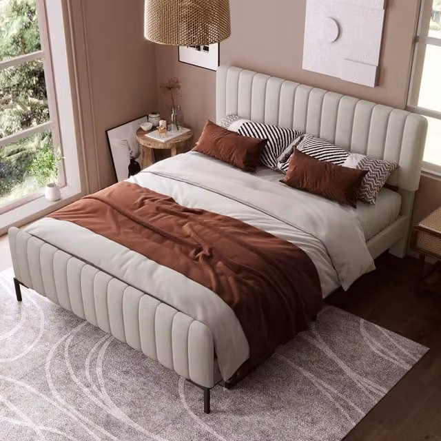 Letto imbottito 140x200 cm con testiera regolabile; lino grigio-beige