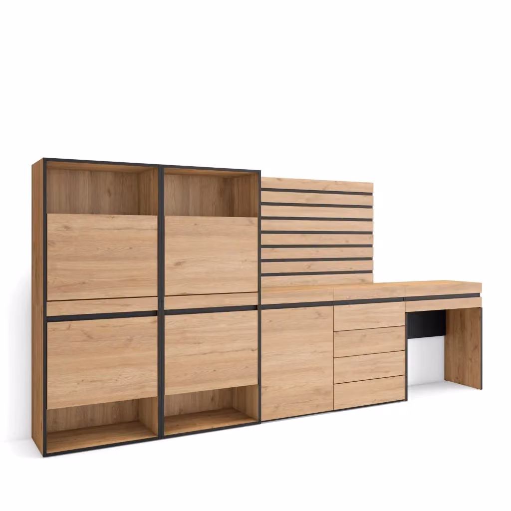 Scarpiera moderna SKRAUT HOME in legno e MDF con ante basculanti e cassetti, colore Rovere, L: 297 cm, P: 35 cm, H: 145 cm – 2