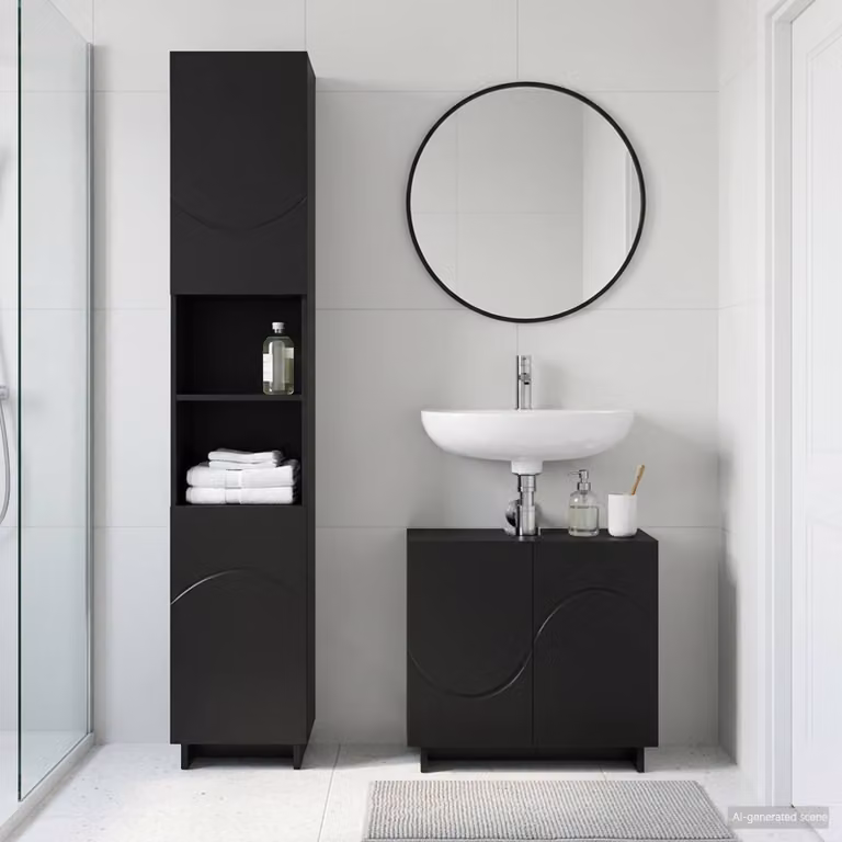 Set mobili da bagno moderni vidaXL composto da mobile sottolavabo e colonna alta in legno MDF nero opaco L/P/H: 60 x 41 x 82 cm e 41 x 41 x 180 cm