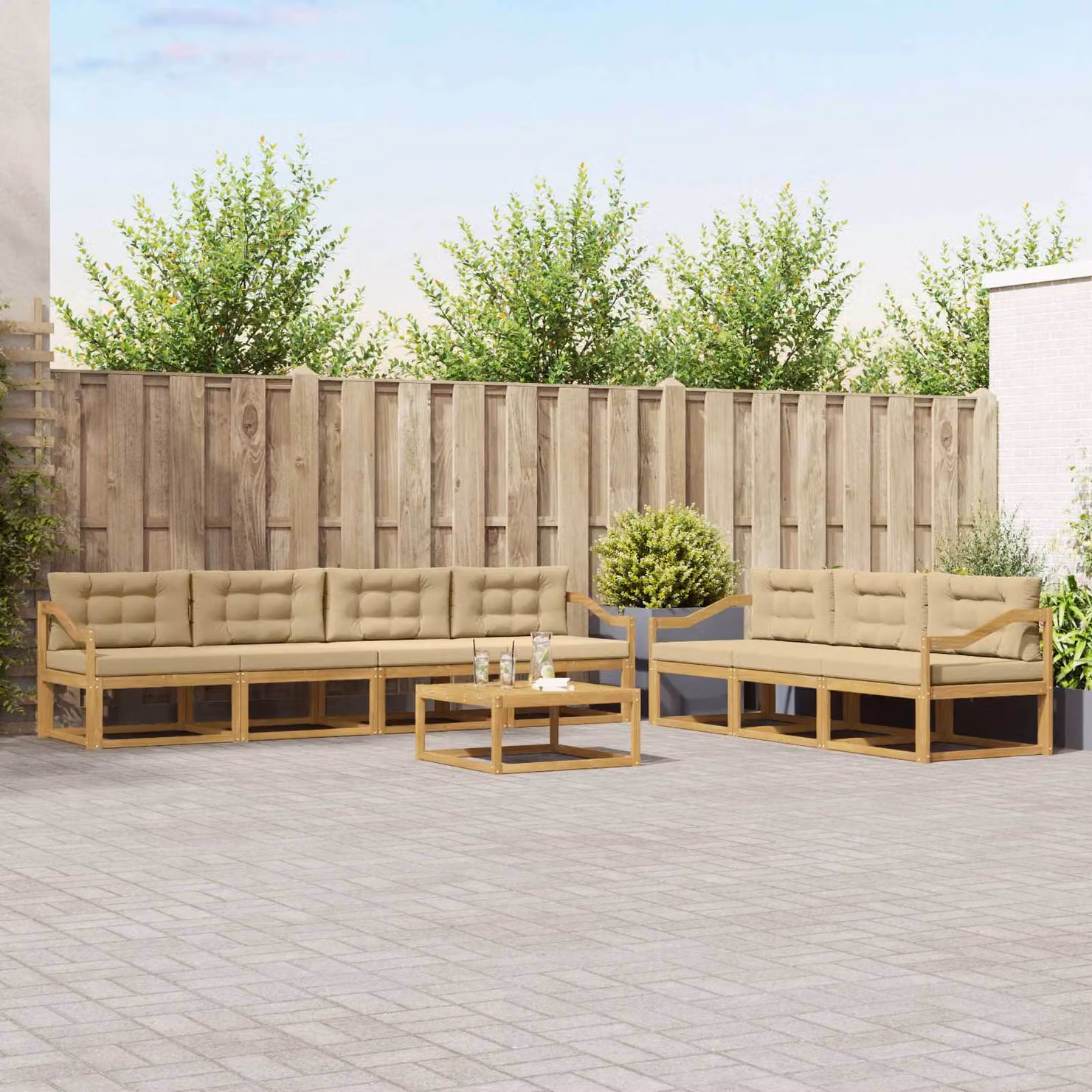 Set di divani da esterno vidaXL 7 pz in legno di acacia con cuscini Bianco e Beige