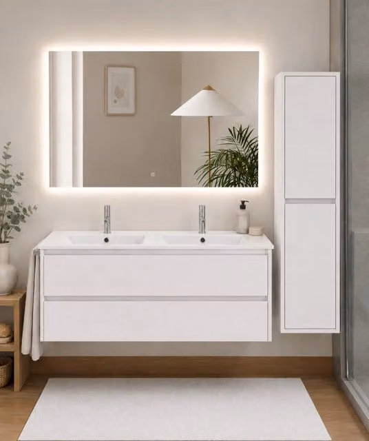Mobile bagno con lavabo ORIGENBATH IBIZA senza specchio 120x45 cm doppio lavabo bianco nordico con colonna
