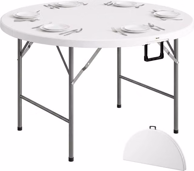 Tavolo pieghevole rotondo da giardino e campeggio in HDPE e acciaio, Ø122x73 cm, grigio e bianco, robusto e pratico