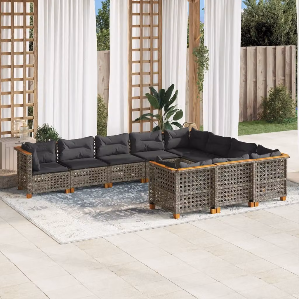 vidaXL Set Divano da Giardino 10 pz in Polyrattan Grigio con Cuscini Imbottiti e Rivestimenti Rimovibili – 1