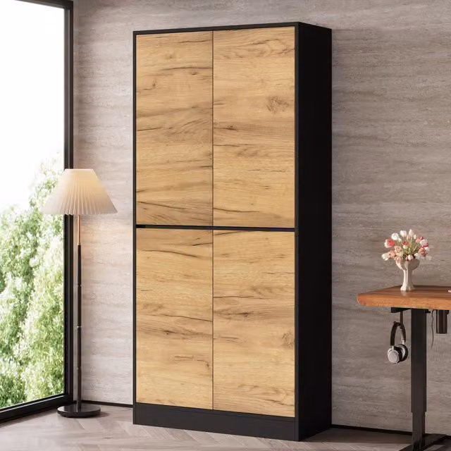 Armadio alto multiuso 80 x 35 x 180 cm in nero e effetto rovere con ripiani regolabili