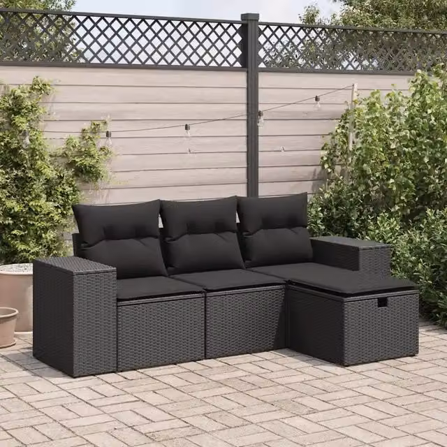 Set Divani da Giardino 4 pz con Cuscini Nero in Polyrattan 3325651