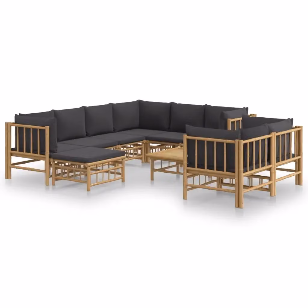 Set Salotto da Giardino a L vidaXL in Bambu con 10 Pezzi e Cuscini Grigio Scuro – 2