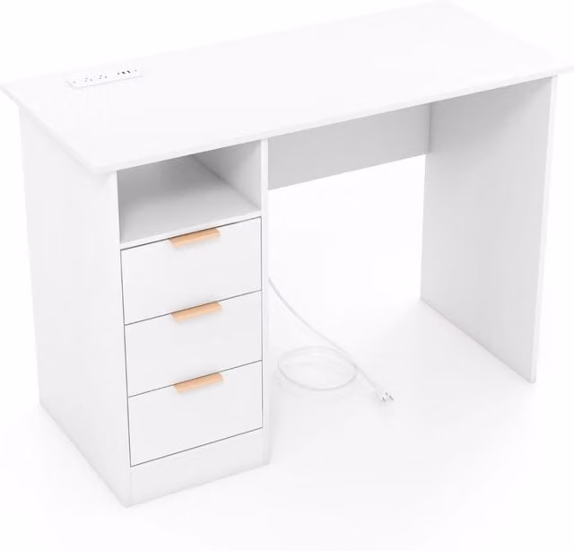 Scrivania moderna per computer con stazione di ricarica, 3 cassetti e mensola aperta, colore bianco – 1