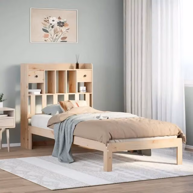 Letto Libreria vidaXL in Legno Massello di Pino Naturale con Ripiani Laterali, L/P/H: 226.5 x 96.0 x 151.0 cm