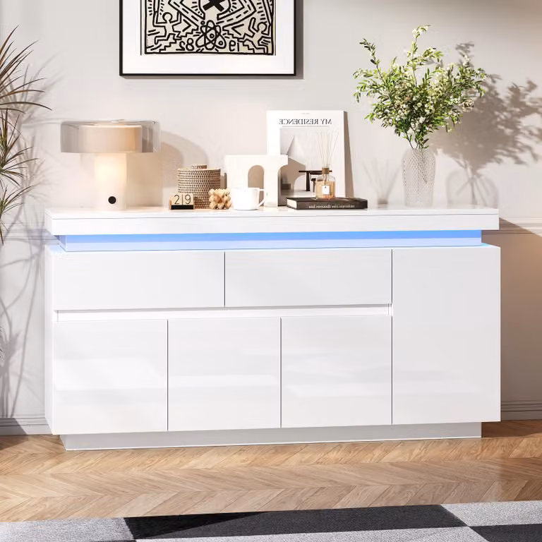 Credenza Merax con illuminazione a LED, cassettiera con 2 cassetti e 4 ante, mobile da soggiorno con ampio spazio di archiviazione, bianco lucido