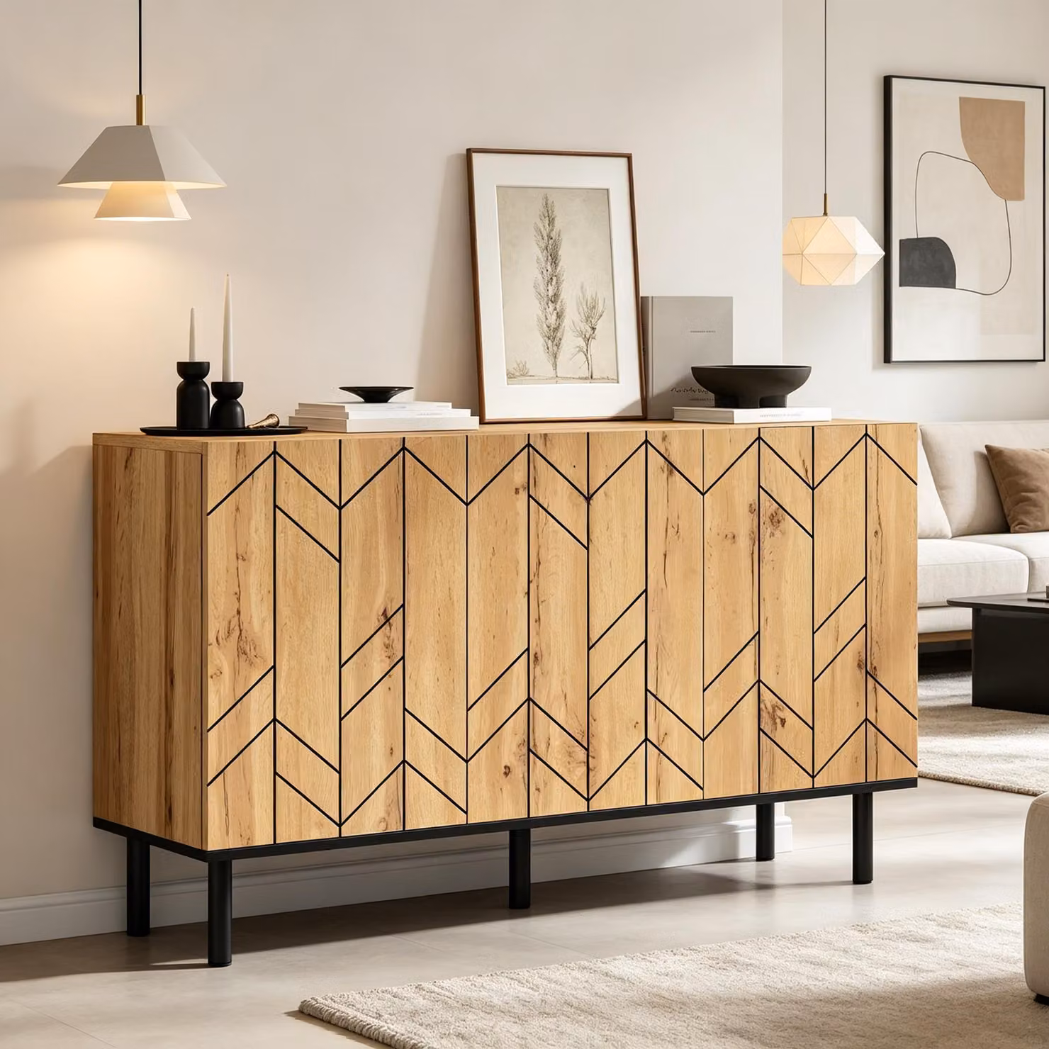 Credenza Merax a 3 ante in truciolato, cassettiera con scomparti e motivo a onde, mobile da salotto con gambe in metallo e spazio contenitivo, legno naturale