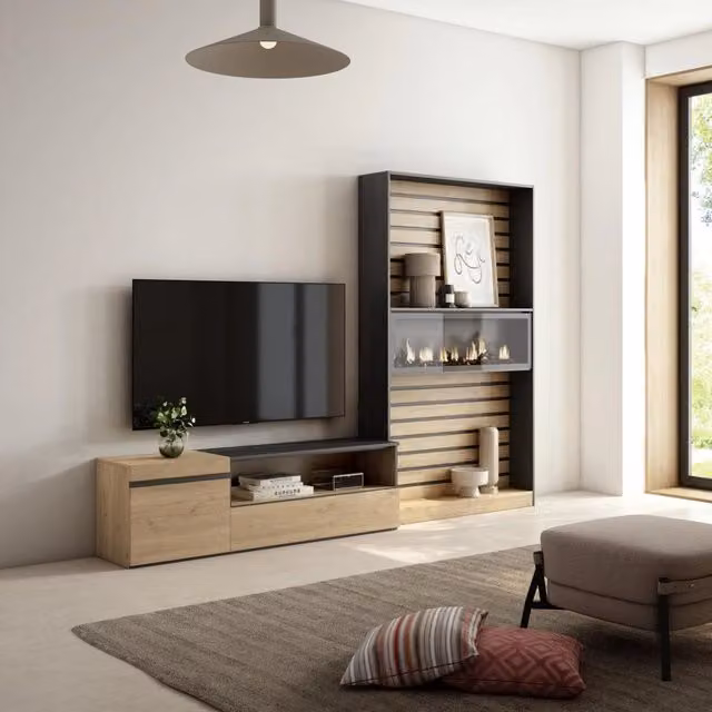 Mobile TV da soggiorno SKRAUT HOME con camino elettrico per TV fino a 65 pollici, colore Rovere e nero, L 260 cm x P 35 cm x H 186 cm – 1