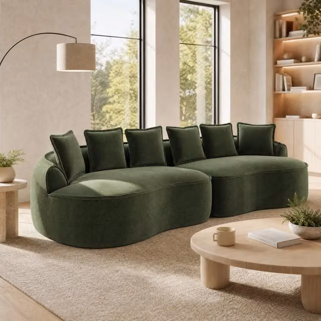 Divano modulare verde in ciniglia con chaise longue profonda e cuscini inclusi